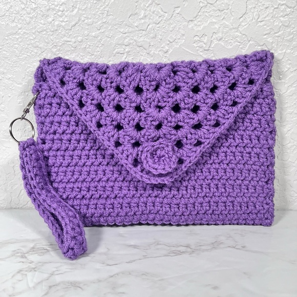 Hand Crafted Handbags - Purple Crochet Wristlet Clutch